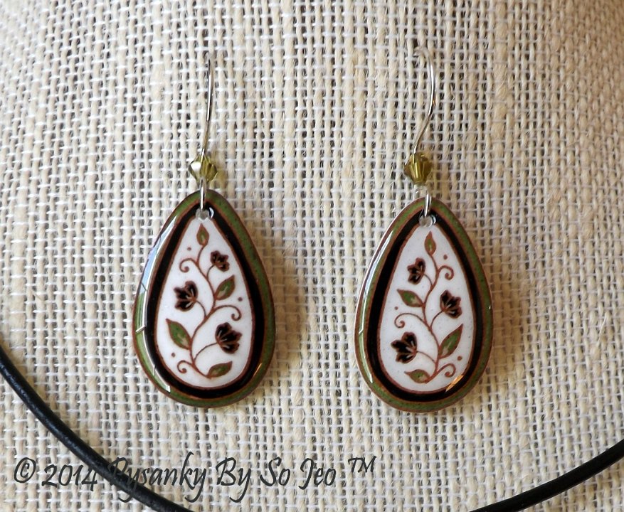 Green and White Spring Vines Teardrop Earrings and Matching Necklace Pysanky Jewelry by So Jeo